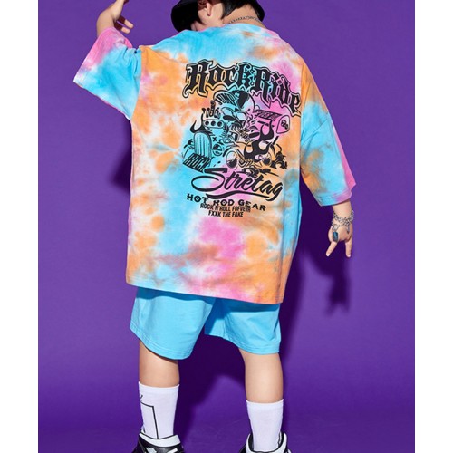 Children rainbow printed Hip-hop rapper singer jazz dance costumes for girls boys school street dance stage performance t-shirt and shorts modern dance outfits for girl boys